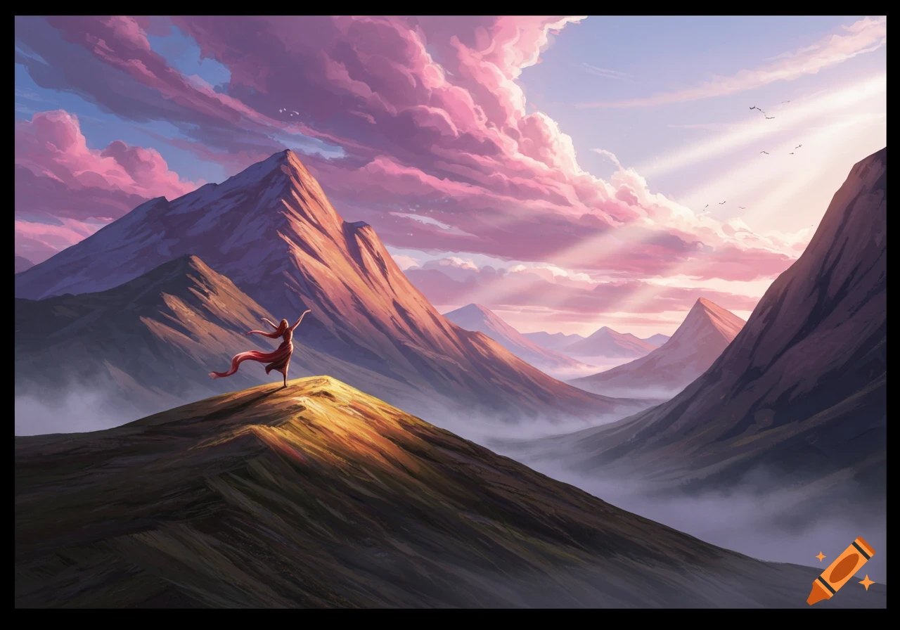 A figure with flowing red cloth stands on a mountain peak at sunrise, overlooking a valley with pink clouds.