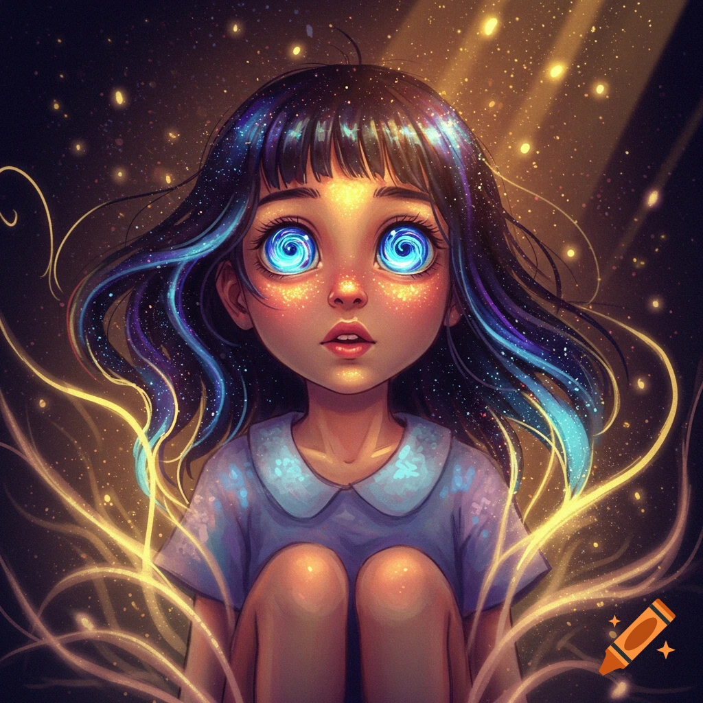 A stylized portrait of a girl with glowing blue eyes, surrounded by golden light and sparks.