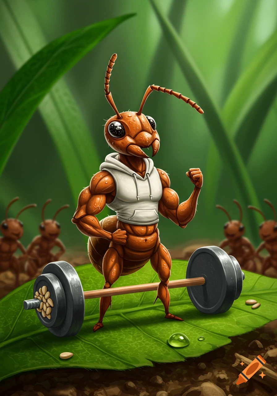 A muscular, anthropomorphic ant in a white hoodie flexes its biceps while standing over a tiny barbell on a green leaf. Other ants are blurred in the background.