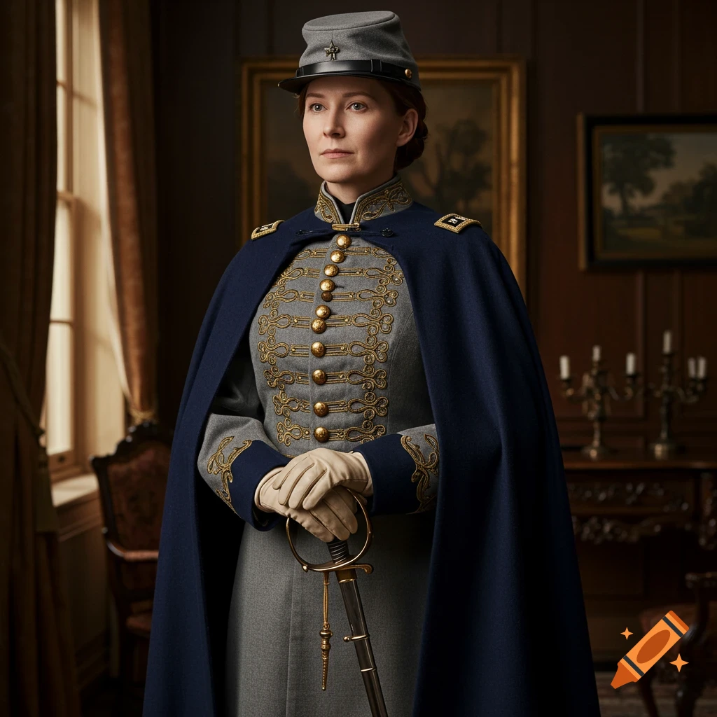 Photorealistic portrait of a woman in an elaborate grey and blue Civil War general's uniform, holding a sword, in a period room.