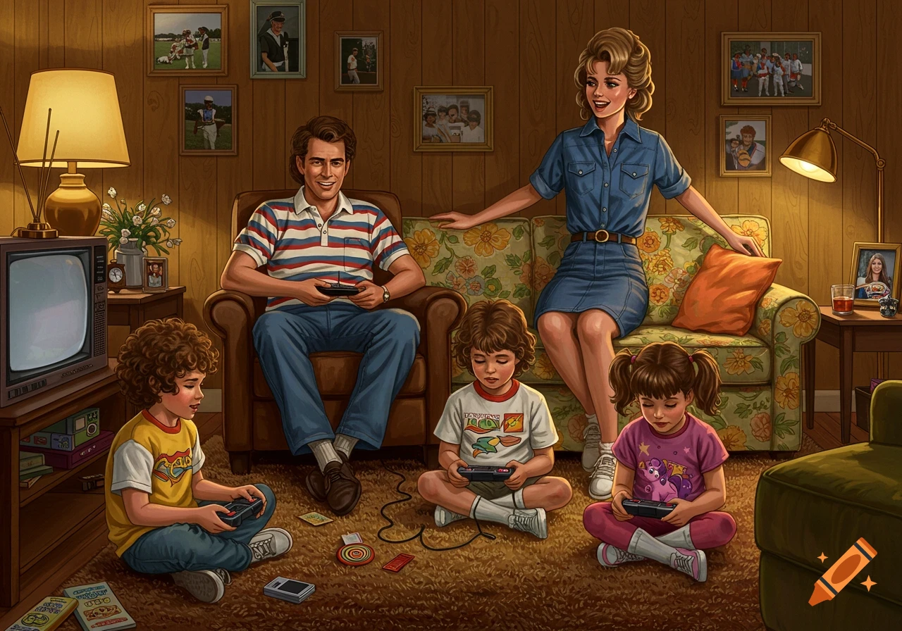 A family in a 1980s living room. A father sits in an armchair playing a video game, while two children sit on the floor playing their own games. A mother sits on a floral couch behind them.