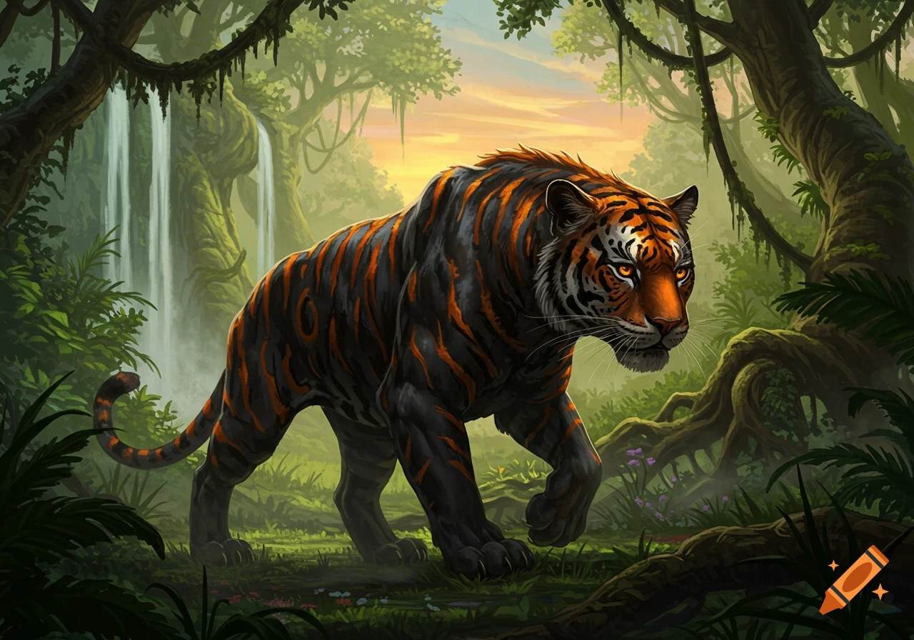 A majestic black and orange striped creature, a mix of a tiger and panther, walks through a lush jungle with a waterfall and sunset sky.