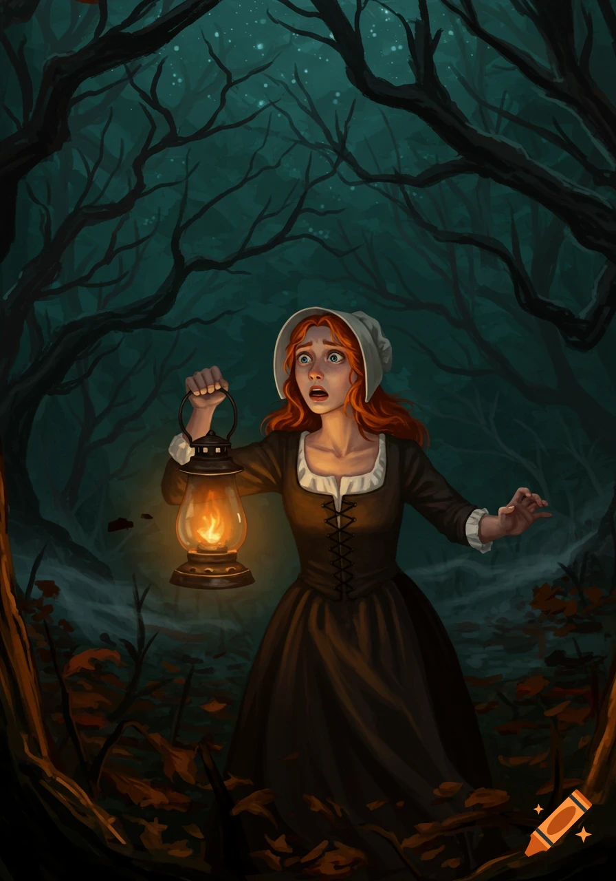 A terrified redhead woman in a dark dress and white bonnet holds a glowing lantern in a spooky, dark forest at night.