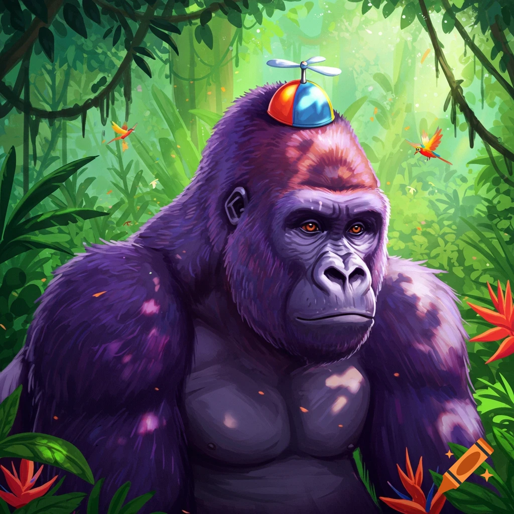 A purple gorilla with a propeller hat sits in a vibrant jungle, surrounded by lush green foliage, colorful birds, and red flowers.