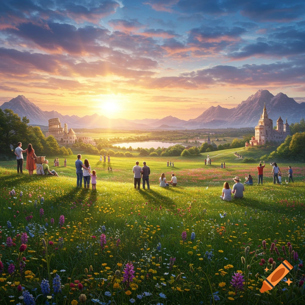 People gathered in a vibrant wildflower field at sunset, with mountains, a lake, the Colosseum, and a fantasy castle in the background.