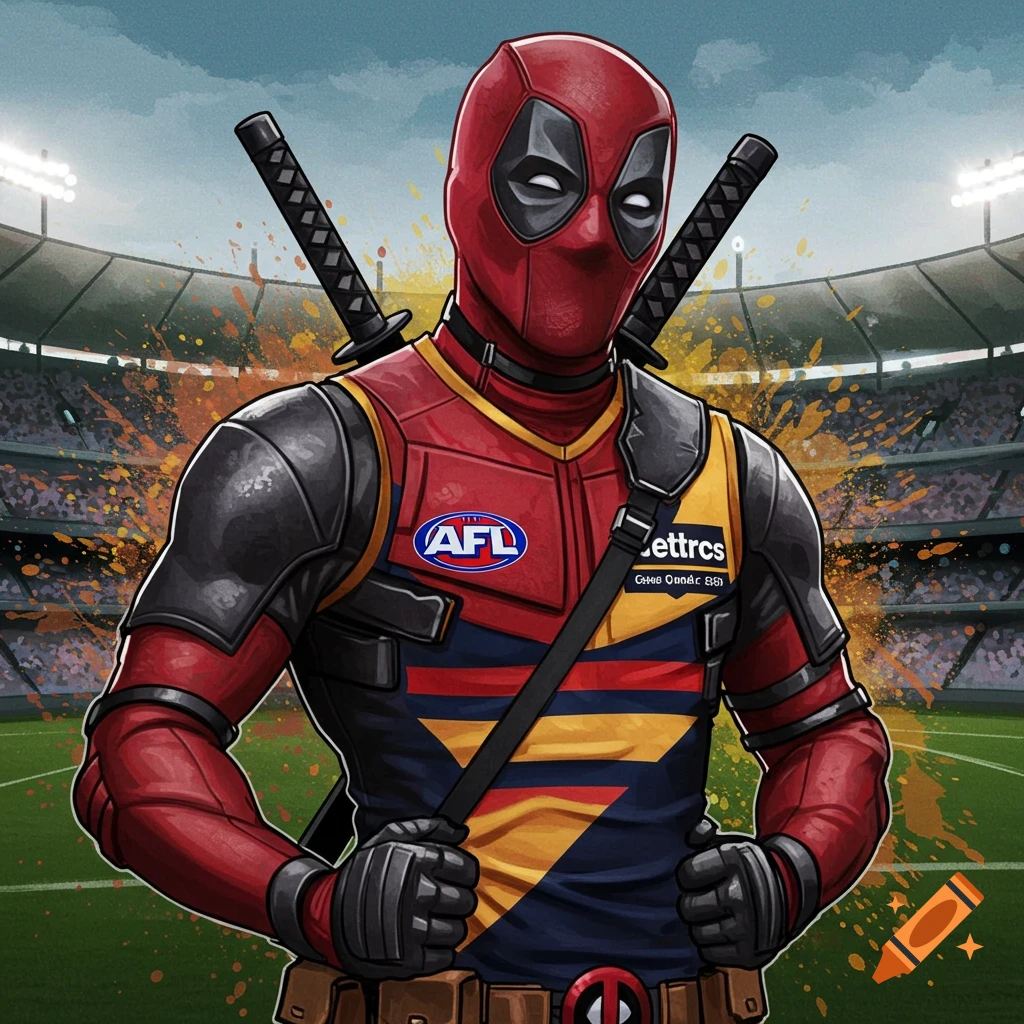 Deadpool wearing a red, blue, and yellow Adelaide Crows AFL football jumper, standing in a stadium. The image is in a comic art style.
