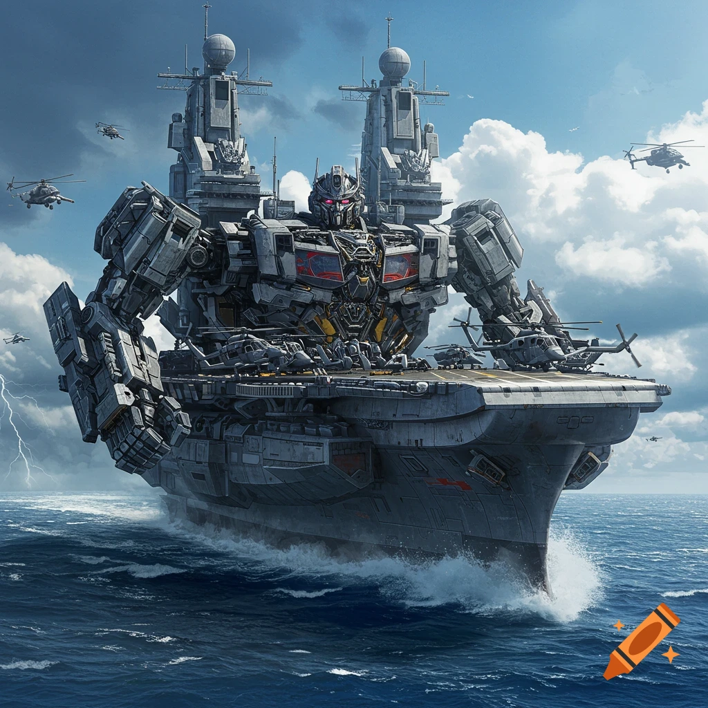 A photorealistic giant transformer robot integrated into an aircraft carrier sails through the ocean under a cloudy sky with helicopters and lightning.