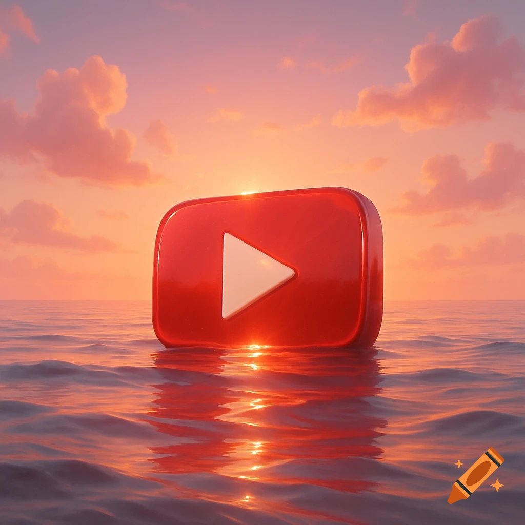 A 3D rendered YouTube play button logo floats on calm water with a vibrant sunset in the background.
