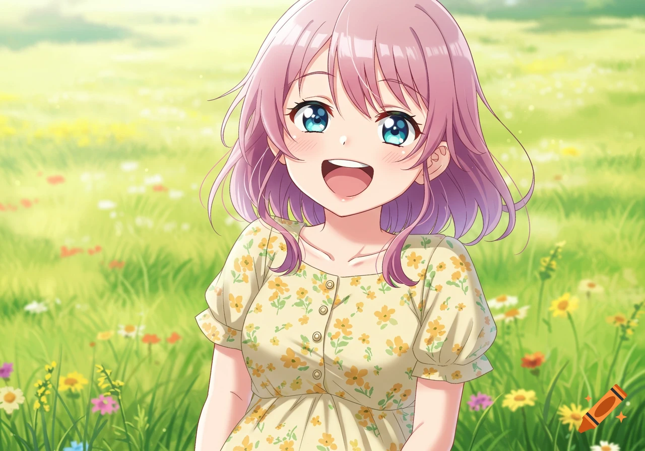 A smiling anime girl with pink hair and blue eyes stands in a vibrant green field filled with colorful flowers.