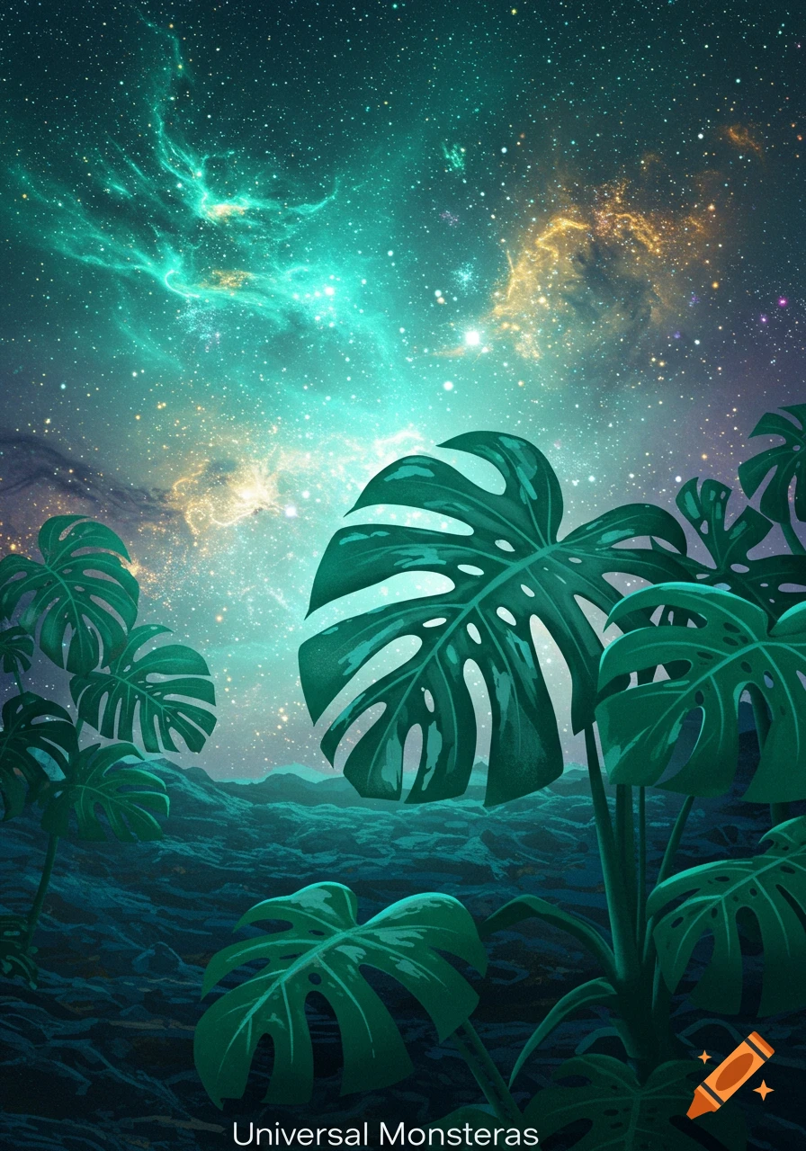 Digital art of giant monstera leaves under a teal and gold starry galaxy sky above a dark, alien landscape.