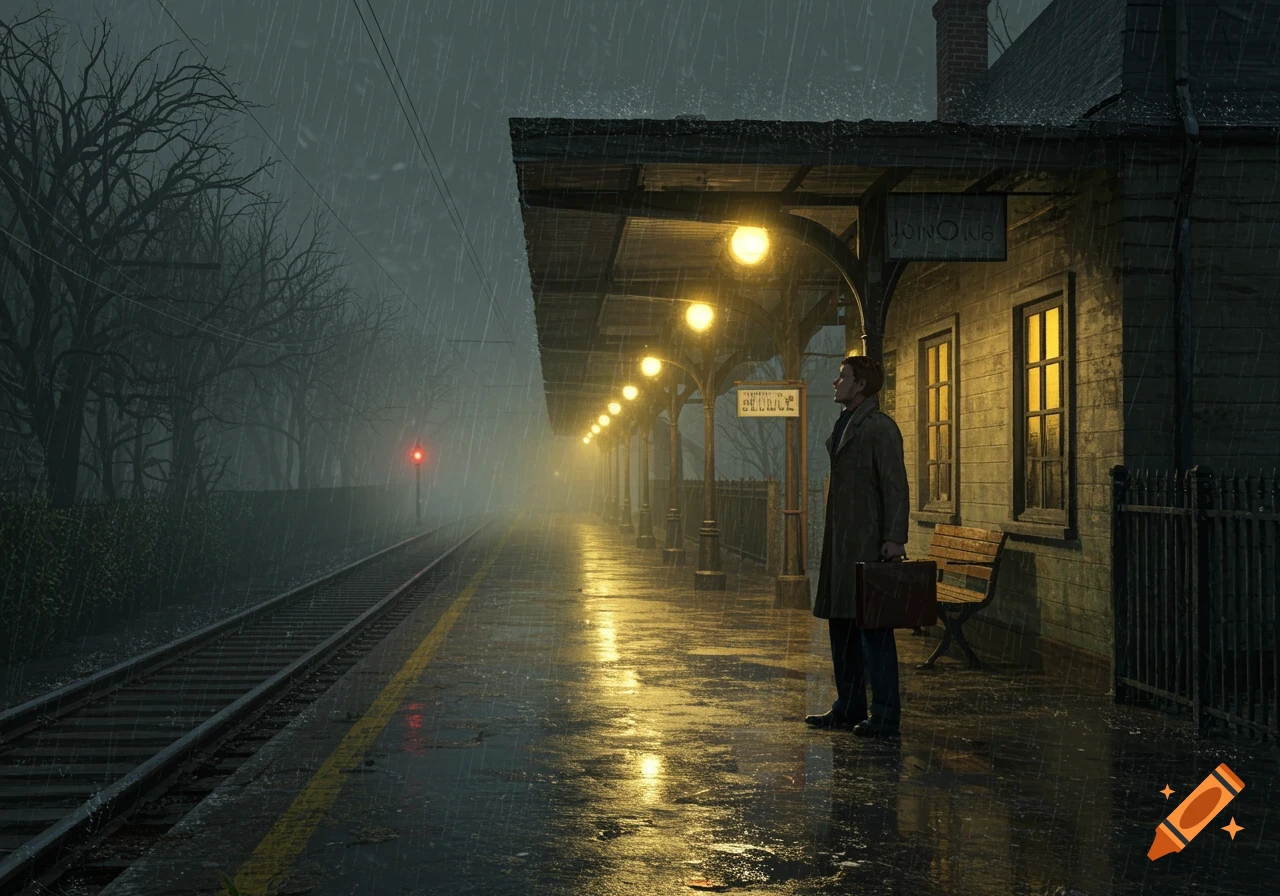 A man stands on a wet train station platform in the pouring rain, illuminated by yellow lamps.
