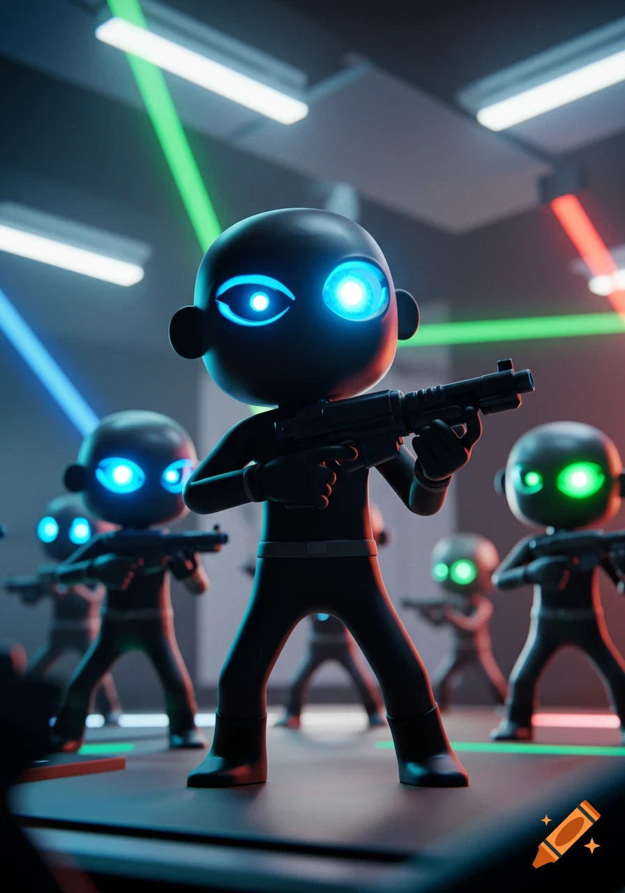 Stylized black figures with glowing blue and green eyes hold blasters in a dark, neon-lit room, resembling a video game.