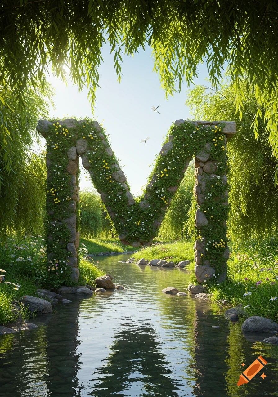 A large letter 'M' made of stone and covered in green vines and flowers stands in a creek surrounded by lush trees under a sunny sky.