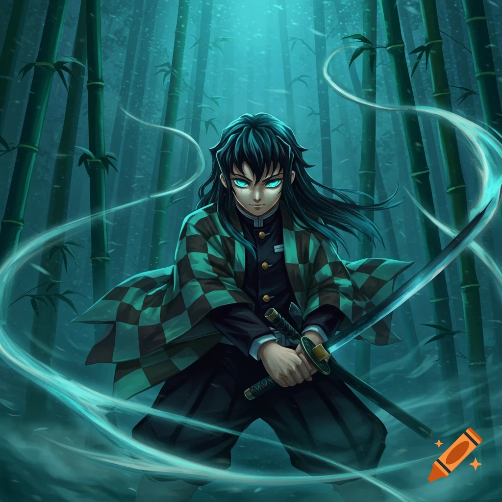 An anime character, Muichiro, from Demon Slayer, with glowing blue eyes and a checkered haori, stands in a misty bamboo forest, holding a katana surrounded by blue energy.