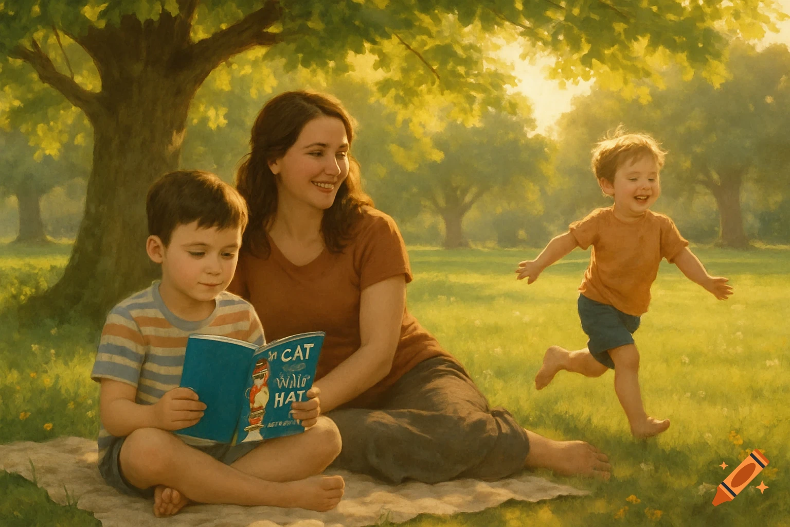 A mother and her two sons enjoy a sunny day in a park. One son reads a book beside his mother, while the other runs happily.