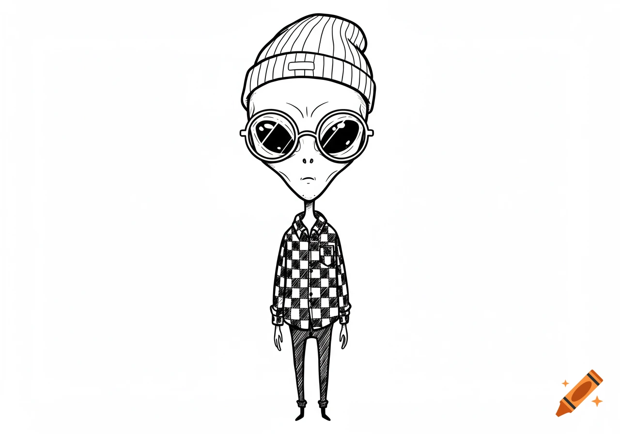 A black and white line drawing of a skinny alien wearing a beanie, round glasses, and a checkered shirt.