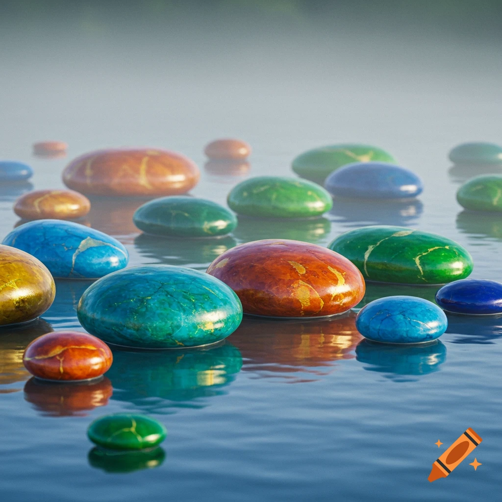 Abstract colorful pebbles in water with reflections and a misty background.