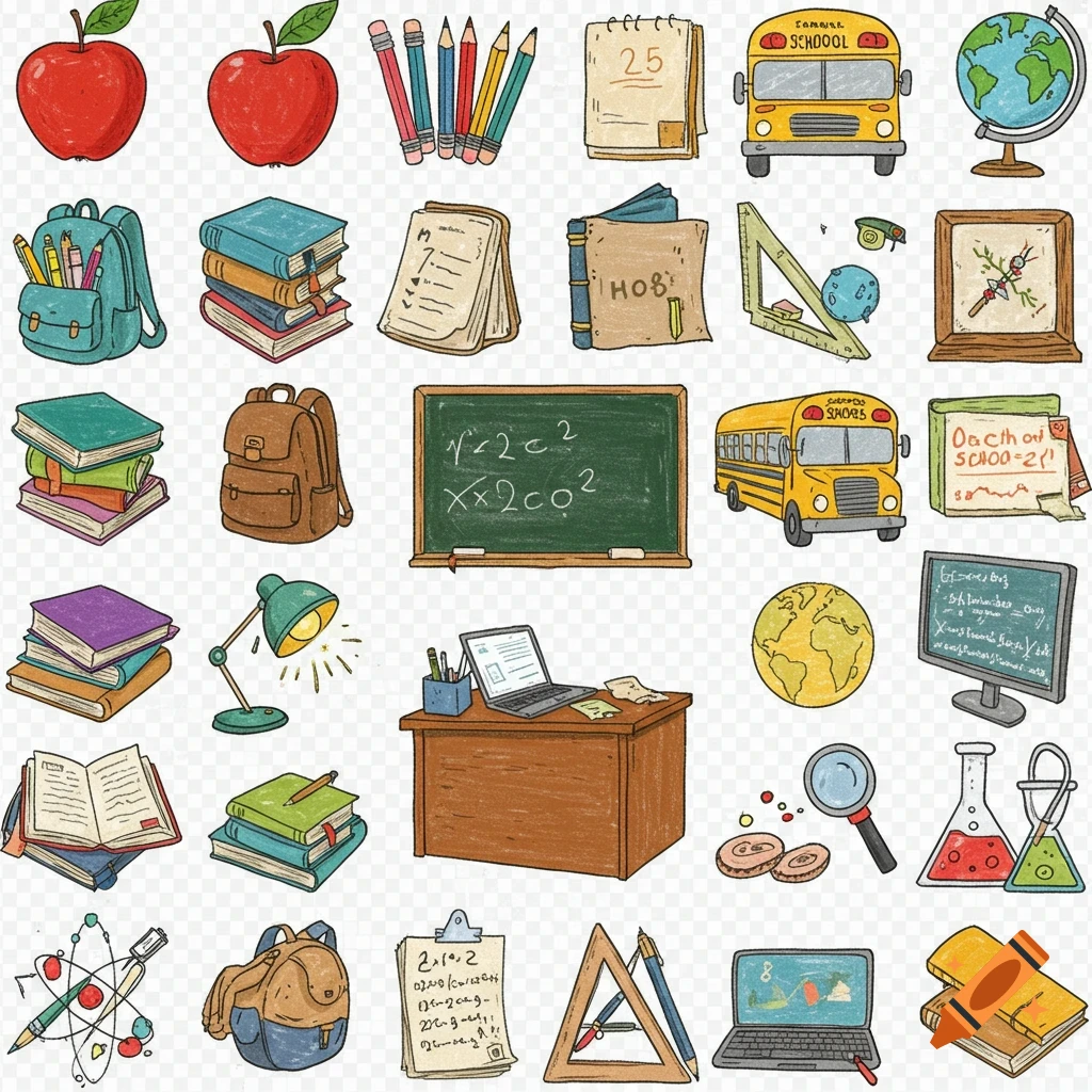 A collection of colorful, hand-drawn school-related clipart items including apples, pencils, notebooks, school buses, globes, books, a backpack, a blackboard, a desk with a laptop, and chemistry beakers, all on a transparent background.