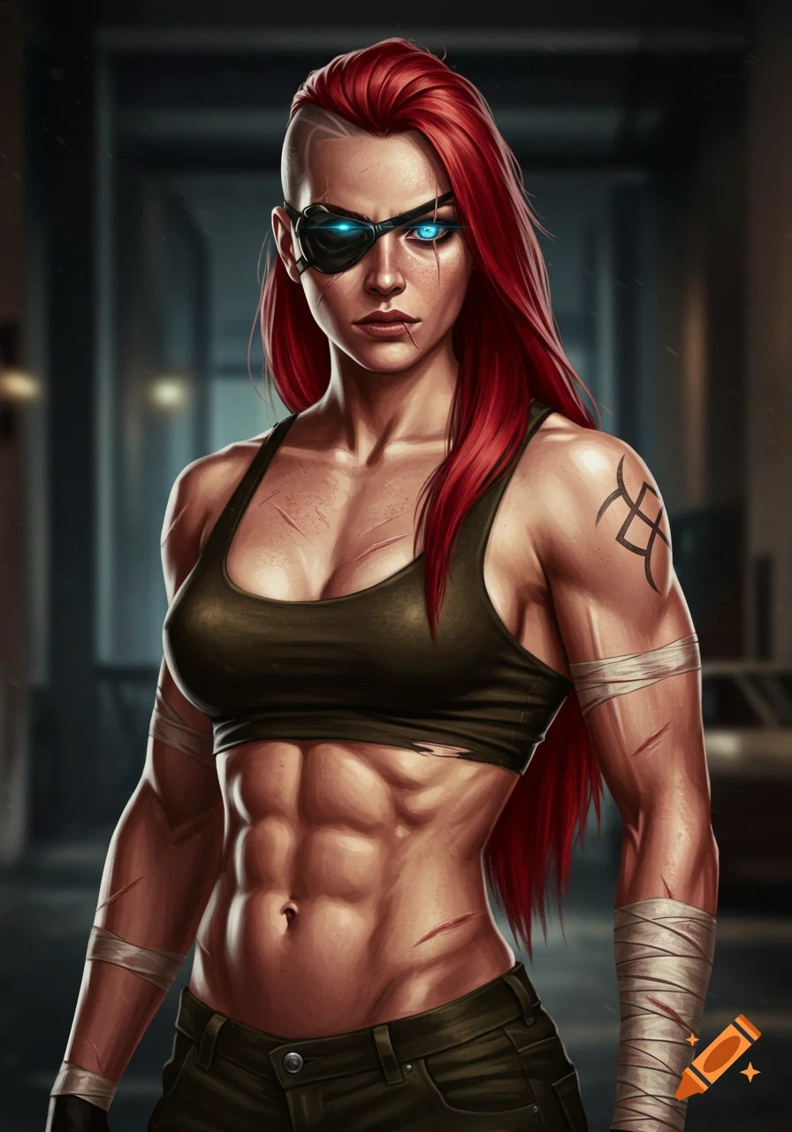 A muscular woman with red hair, an eye patch, and scars, wearing a sports bra and green pants, in a comic art style.