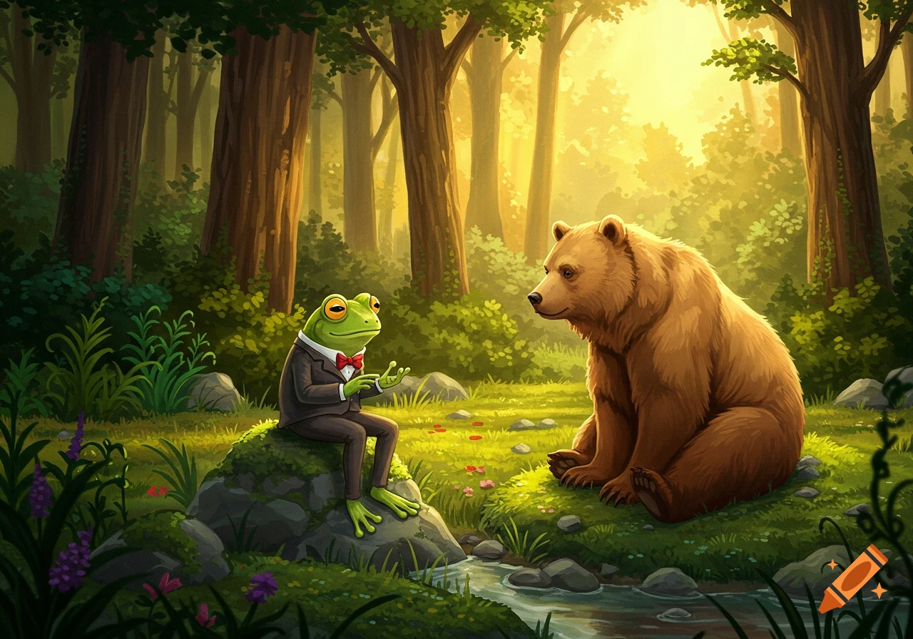A cartoon frog in a suit sits on a rock, conversing with a brown bear in a sunny forest clearing by a stream.