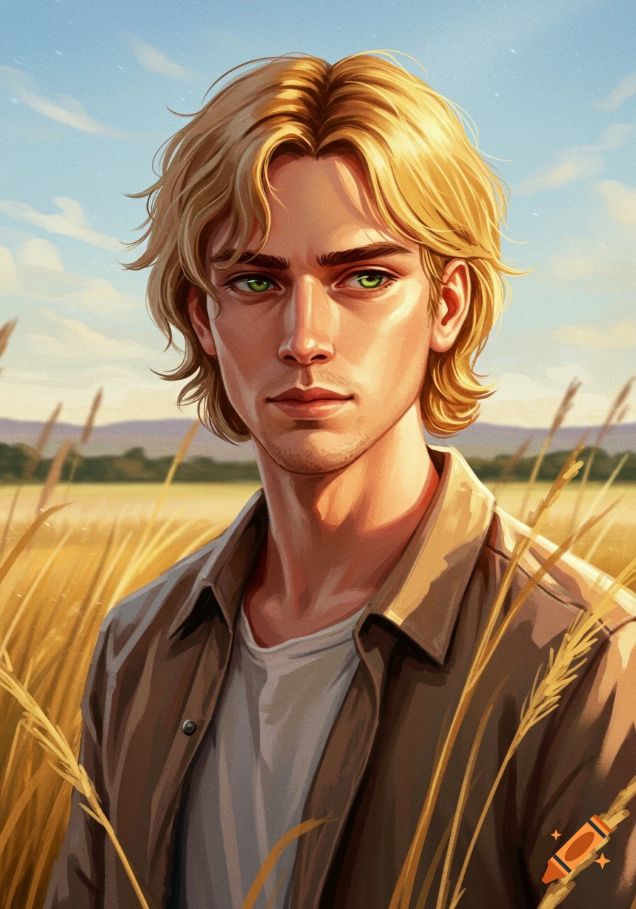 An illustration of a young man with blonde hair and green eyes standing in a golden wheat field under a blue sky.