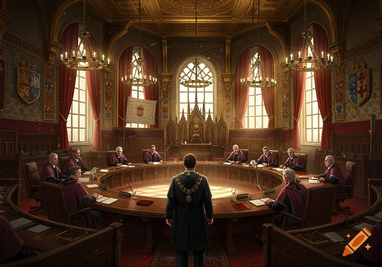 A Lord Mayor stands with his back to other councillors seated around a large circular table in a grand, ornate council chamber.