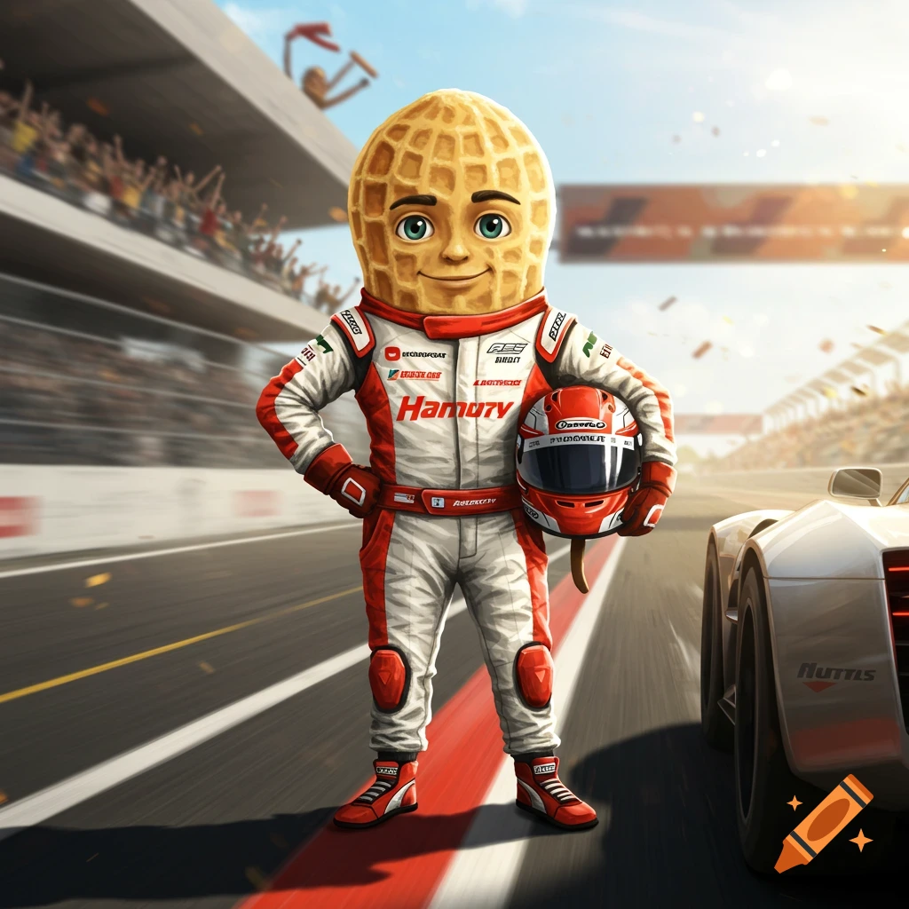 A cartoon peanut character in a white and red racing suit holding a helmet, standing on a racetrack next to a race car with spectators in the background.