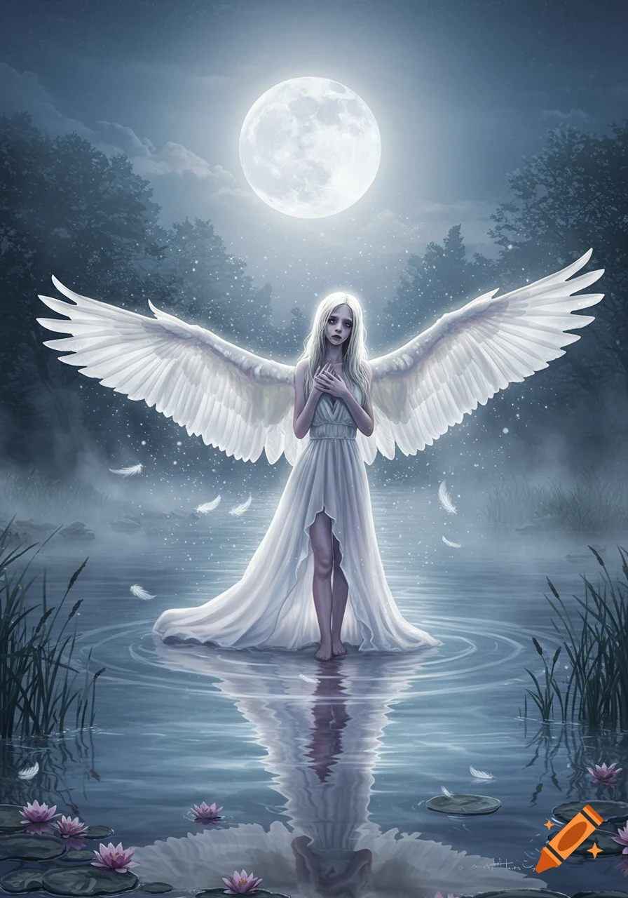 An ethereal angelic woman with large white wings stands in moonlit water, surrounded by falling feathers and lily pads, under a full moon and misty forest sky.