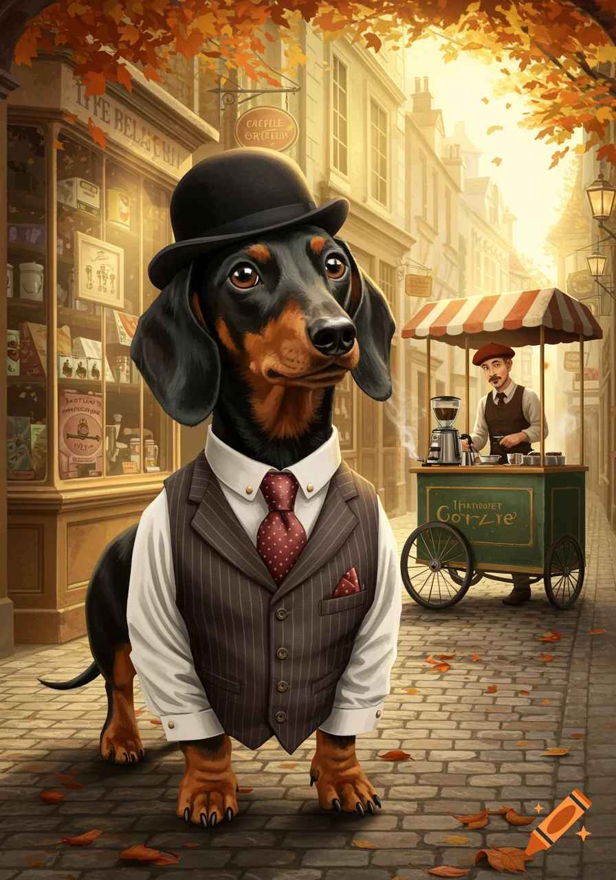 A dachshund in a suit and bowler hat stands on a cobblestone street in front of shops, with a man at a coffee cart in the background.