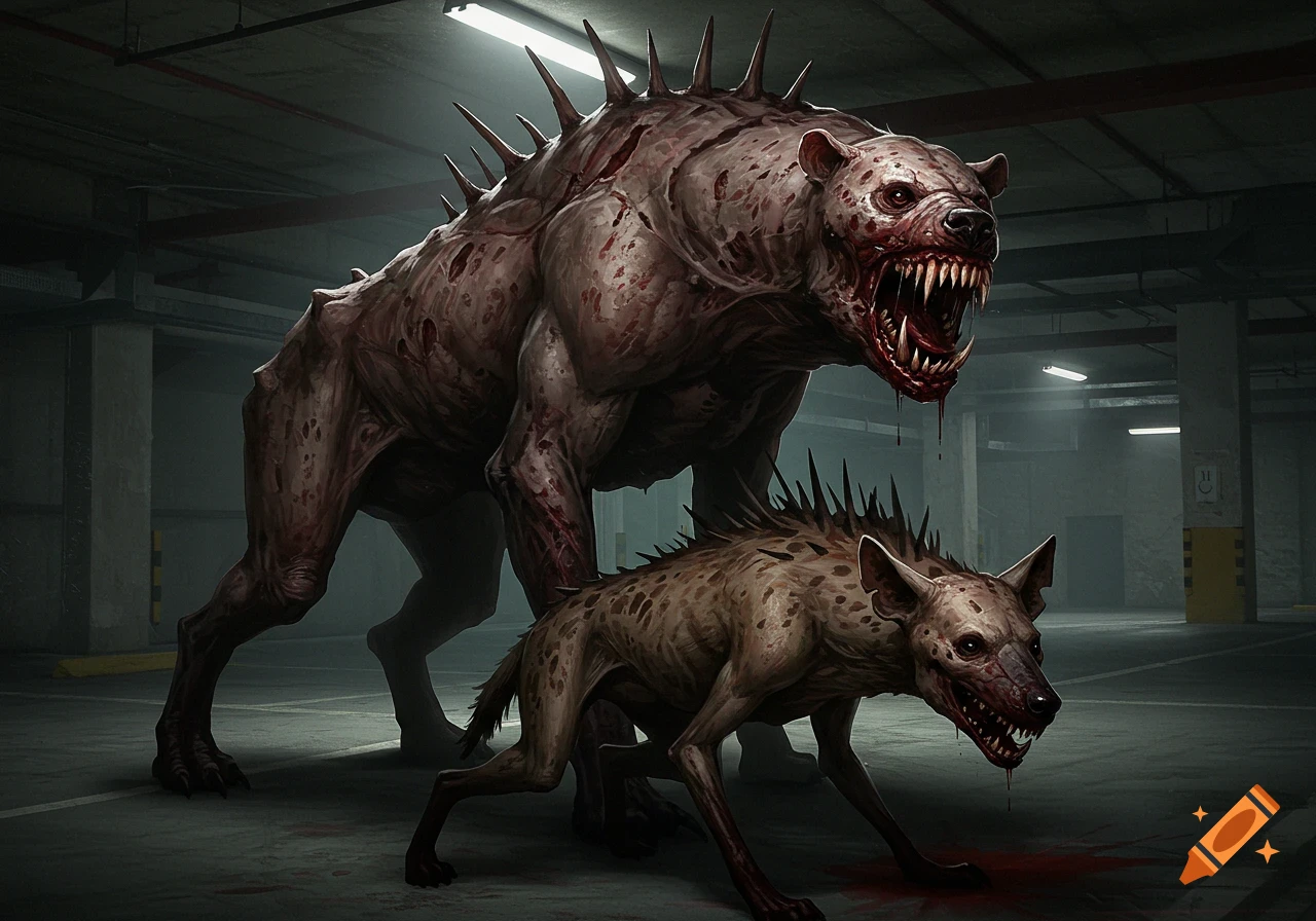 Two monstrous, spiky, and bloody creatures, one large and bear-like, the other smaller and hyena-like, in a dark parking garage.