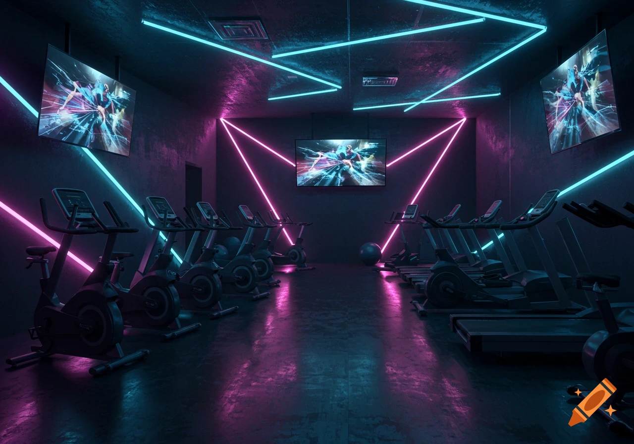 A dark workout room with rows of exercise bikes and treadmills, illuminated by vibrant pink and blue neon lights on the walls and ceiling.