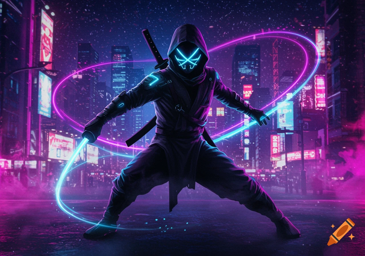 A futuristic ninja with a glowing mask and armor wields a neon-blue glowing sword in a dark, cyberpunk city lit by vibrant pink and blue neon lights.