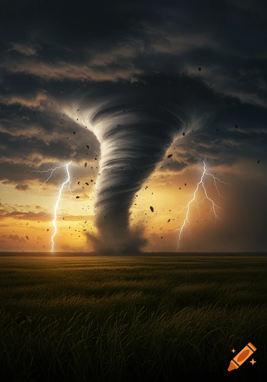 A massive tornado swirls in a field under a dramatic, stormy sky with lightning bolts and an orange sunset.
