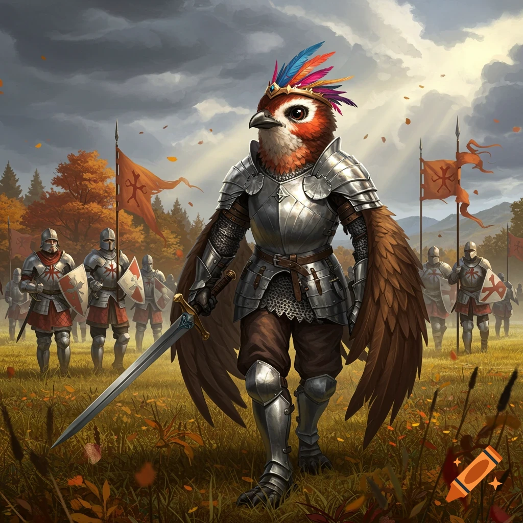 A bird-headed knight in shining armor holds a sword, marching through a field with an army of human knights in the background under a cloudy sky.