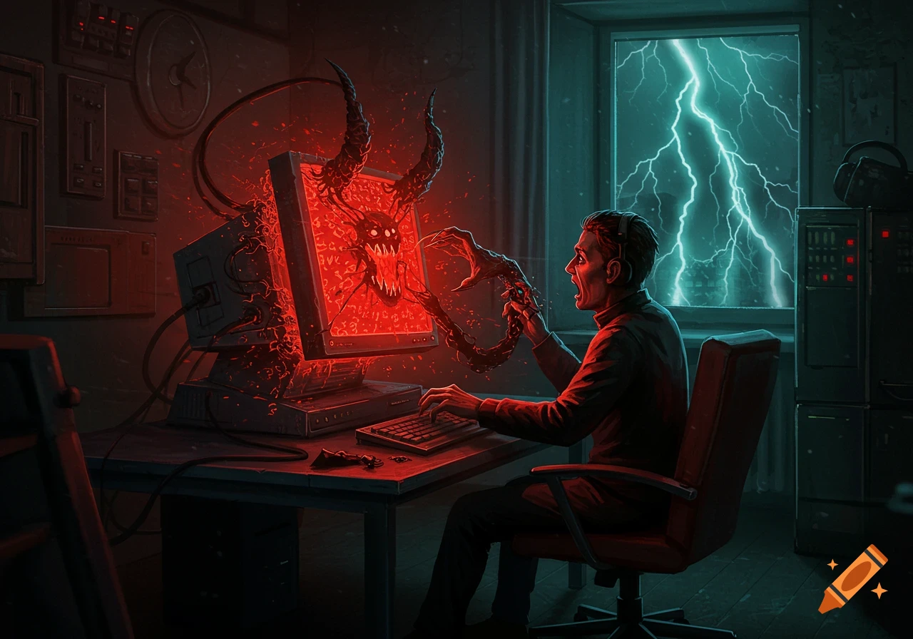 A man screams as a demonic creature with horns and claws emerges from a glowing red computer screen during a thunderstorm, in a dark room.
