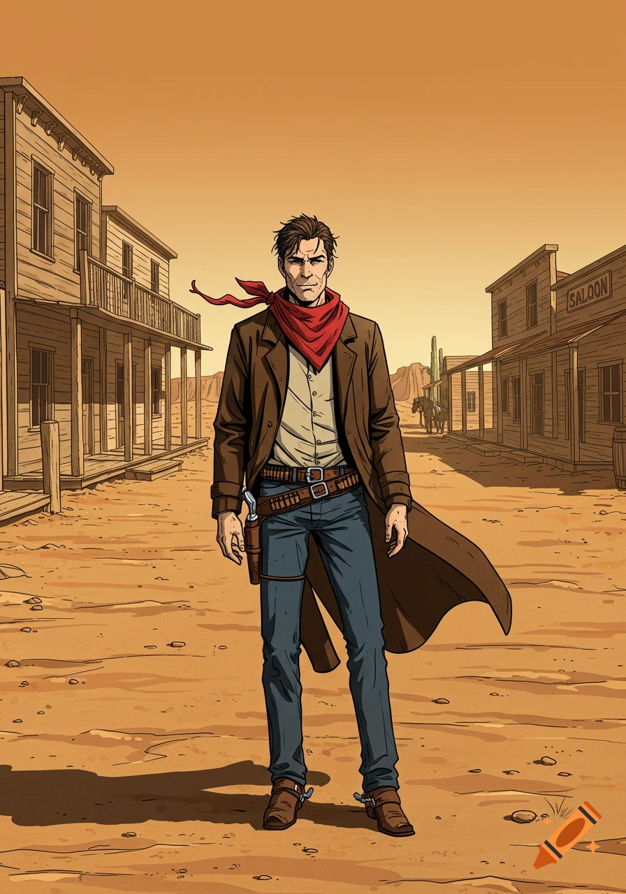 A rugged outlaw in a red scarf, brown coat, and jeans stands in the main street of a Western town, in comic book style.