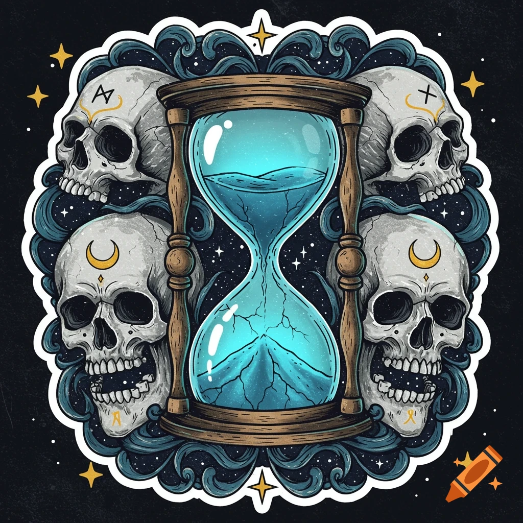 A dark mystical sticker design featuring an hourglass with blue liquid surrounded by four skulls, adorned with celestial symbols and stars.