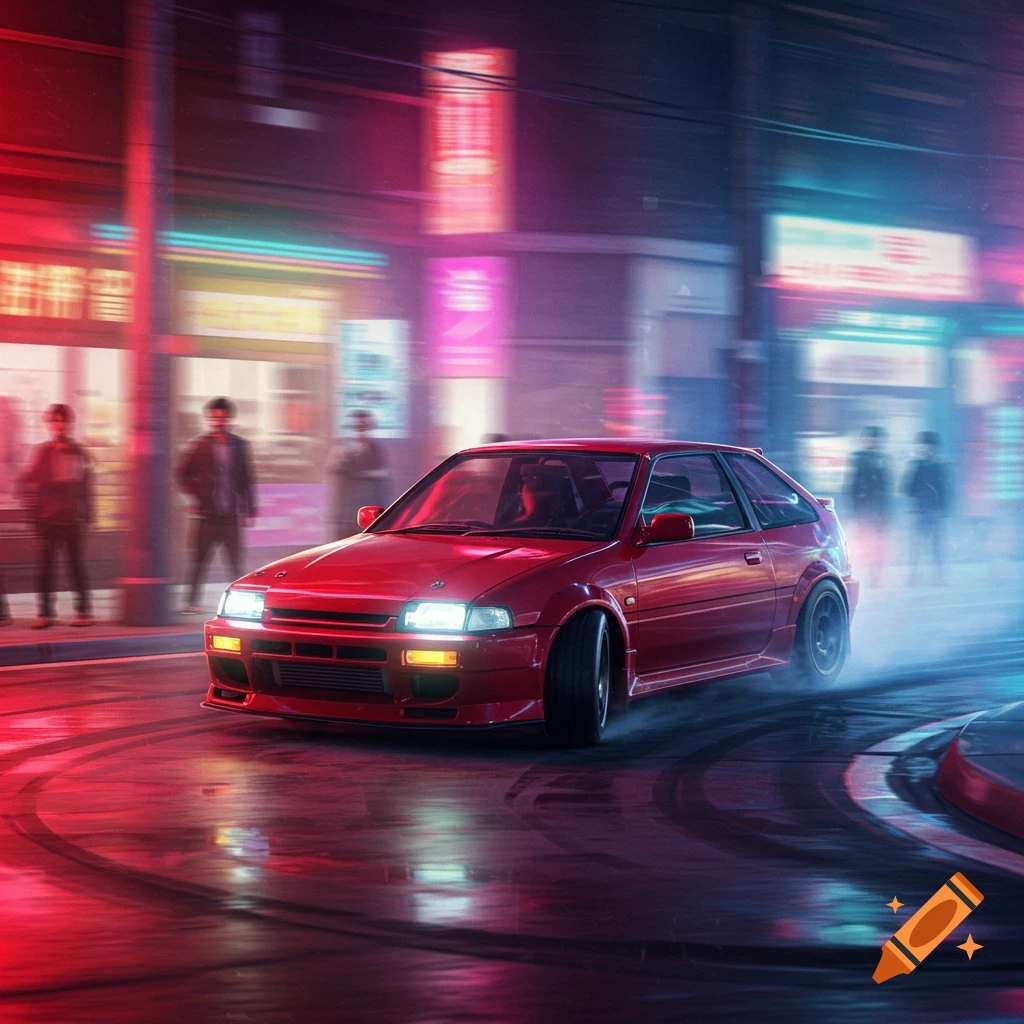 A red sports car drifts on a wet city street at night, illuminated by neon lights and trailing smoke.