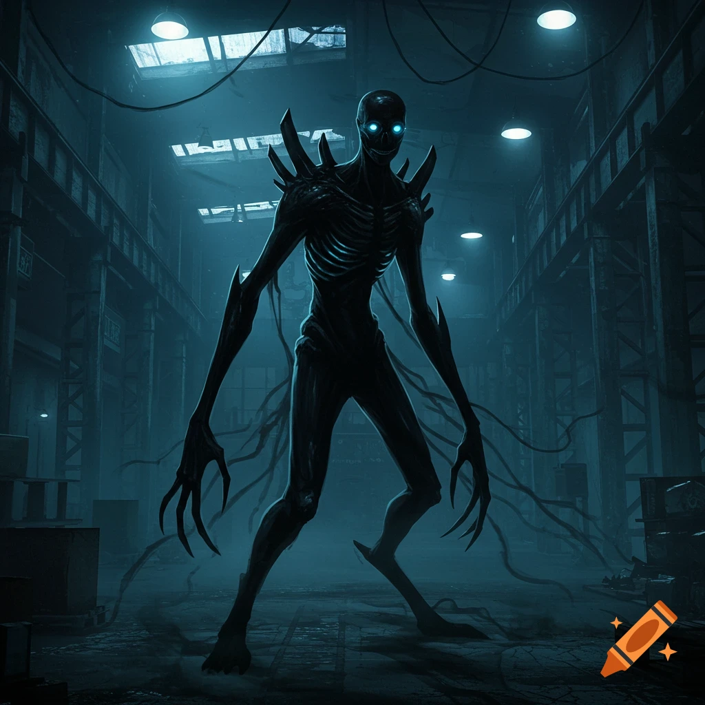 A towering, shadowy humanoid creature with glowing blue eyes and jagged protrusions stands in a dimly lit, abandoned industrial warehouse.