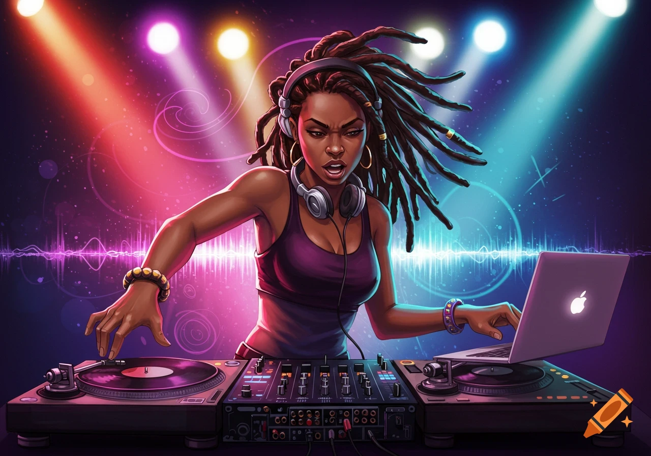 A black female DJ with dreadlocks and headphones at a soundboard with turntables and a laptop, against vibrant lights and music waves. Digital art.