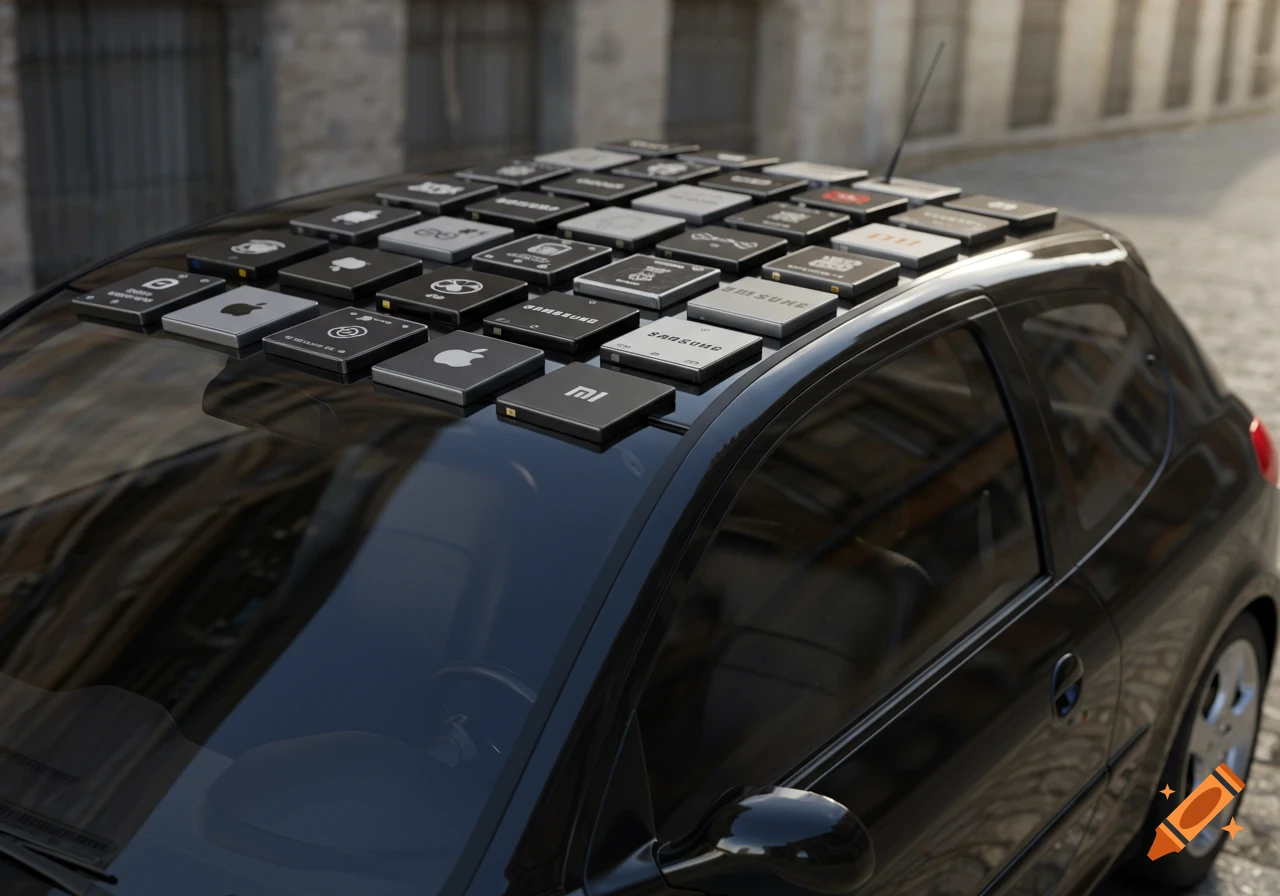 A black Peugeot 206 RC car with numerous smartphone batteries and chips featuring Apple, Samsung, and Xiaomi logos on its roof.