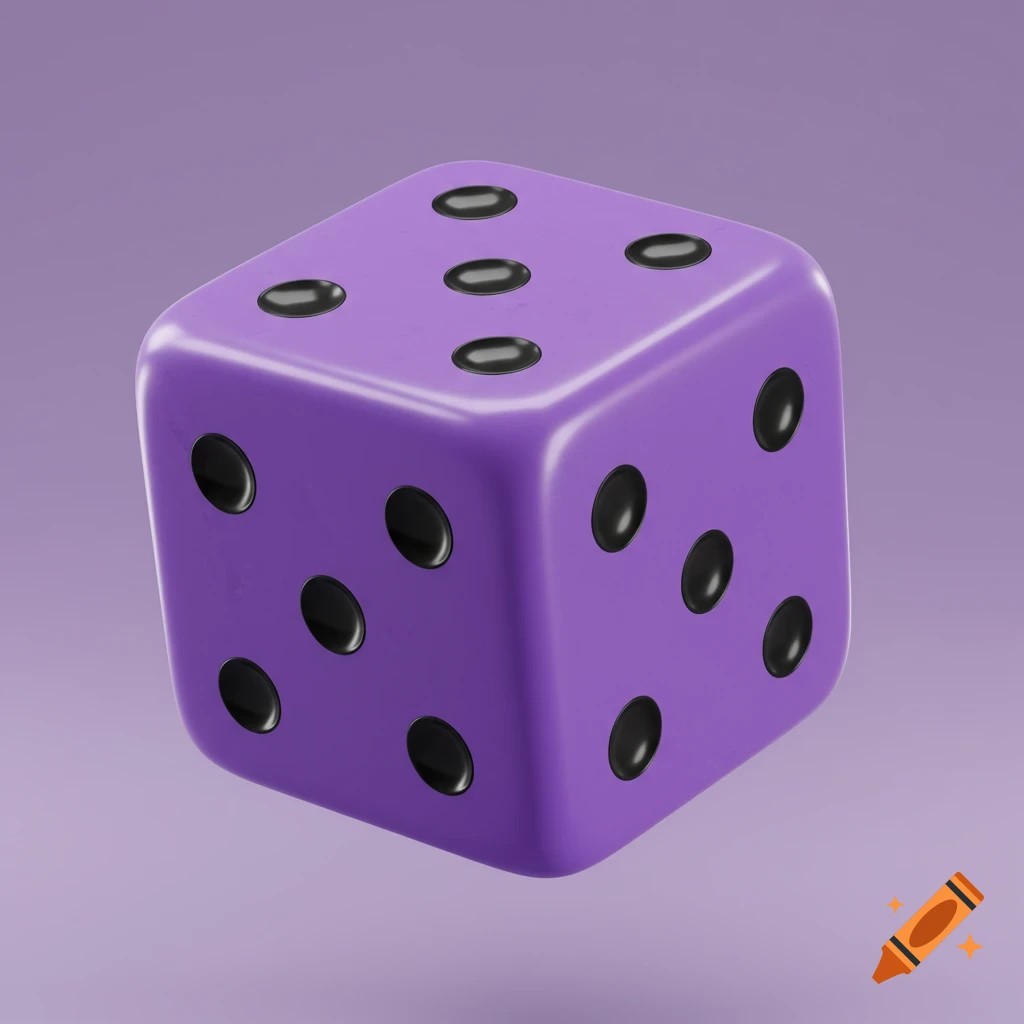 A realistic 3D-rendered purple die with black pips showing the number six, floating on a purple background.