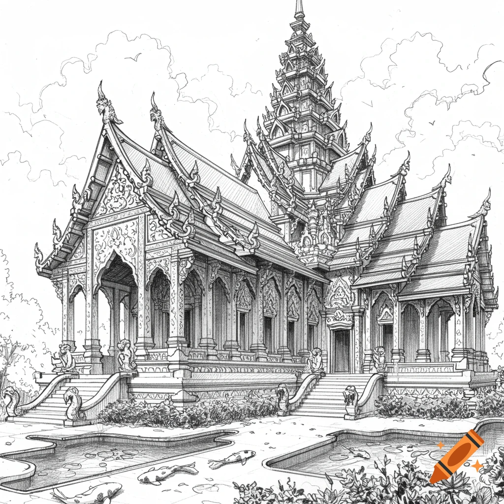 An intricate black and white architectural sketch of a detailed Thai-style temple with multiple tiered roofs and spires, surrounded by ponds with koi fish and lush plants under a cloudy sky.
