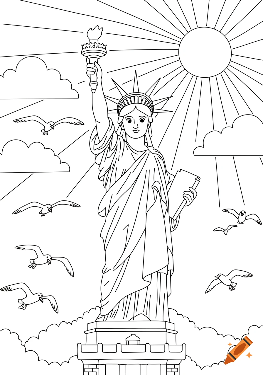 Black and white line drawing coloring page of the Statue of Liberty with the sun, clouds, and seagulls.
