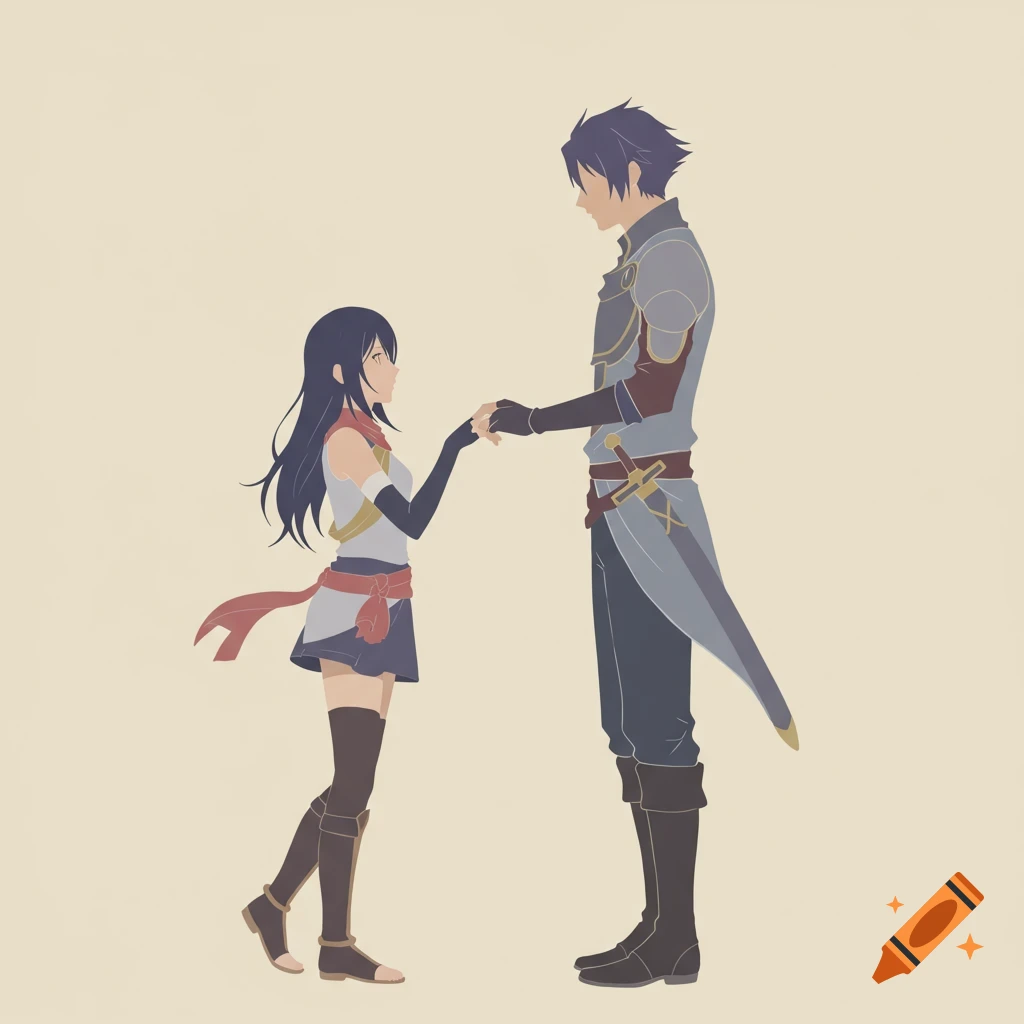 Minimalist anime illustration of a man in armor and a woman in fantasy attire holding hands.