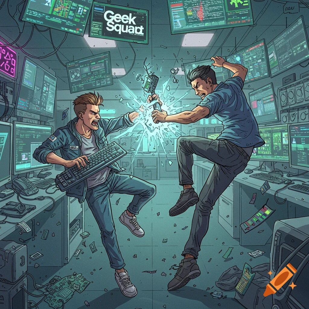 Manga style illustration of two men fighting in a computer server room, one with a keyboard, the other with a phone, amidst scattered tech.