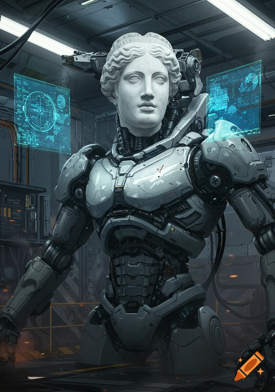 A futuristic robot with a white marble statue head stands in a dark, high-tech sci-fi lab with glowing blue screens.