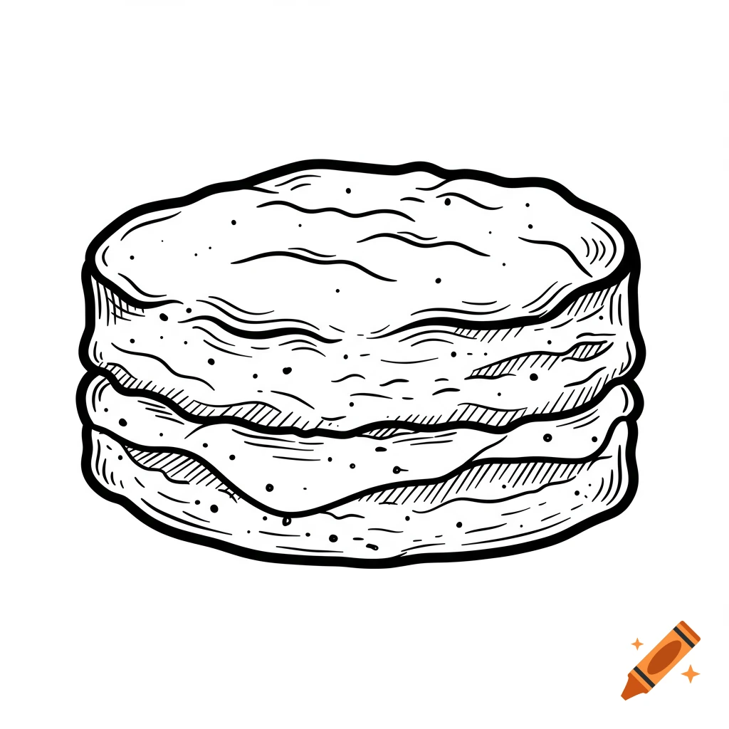 A stylized black-and-white line drawing of a stack of buttermilk biscuits.