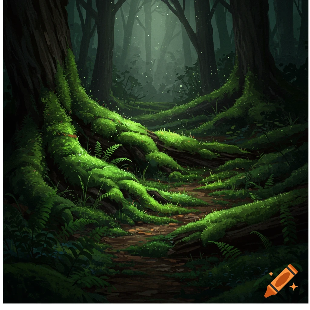 A dark, atmospheric forest with a path winding through trees covered in vibrant green moss, dappled with light.
