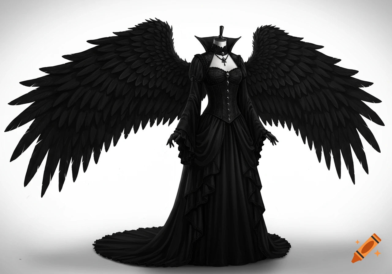 A black gothic dress with large black feathered wings on a headless mannequin, set against a white background.
